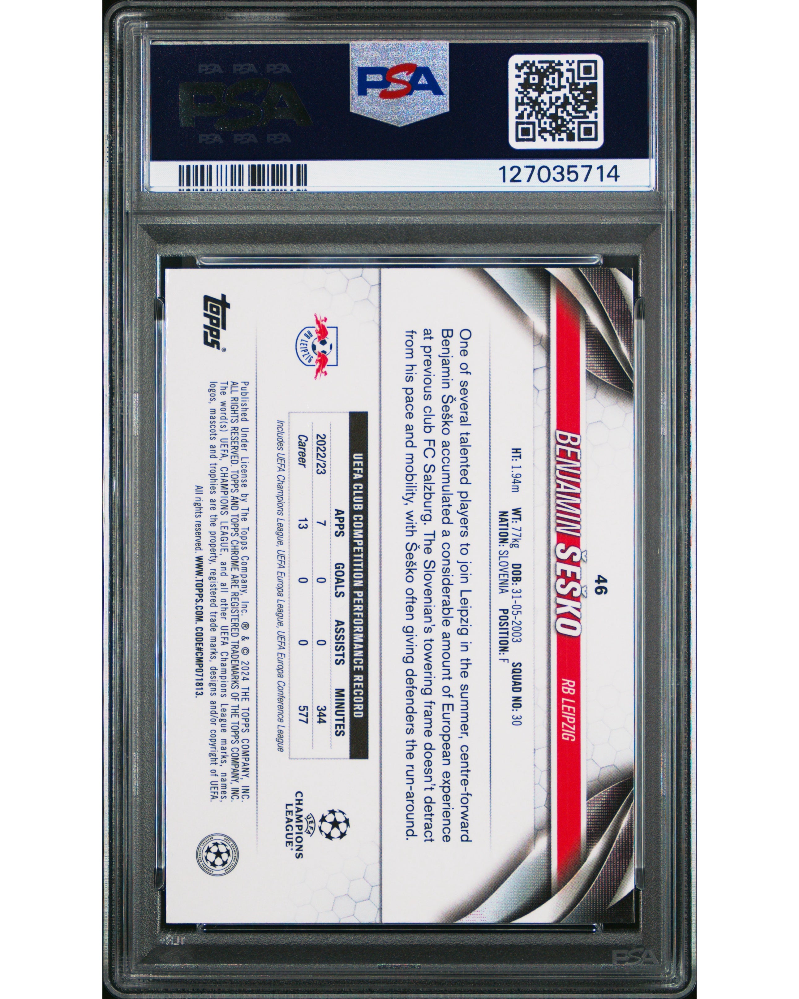 Topps Chrome UCC 2023/24- Benjamin Sesko /52 toppsfractor, Leipzig, PSA9