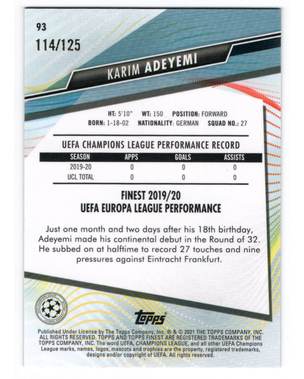 Topps Finest 2019/20 UEL- Karim Adeyemi /125 RC, Salzburg